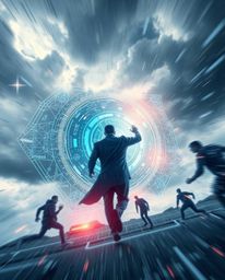 Experience a dynamic and high-tension scene showcasing a futuristic digital interface composed of mesmerizing geometric patte