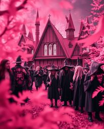 Explore a captivating magical school teeming with young wizards, rendered in surreal infrared tones and a mesmerizing blurred