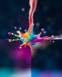 This stunning split image showcases a vibrant paint splash suspended in mid-air, captured with a high-speed camera and enhanc