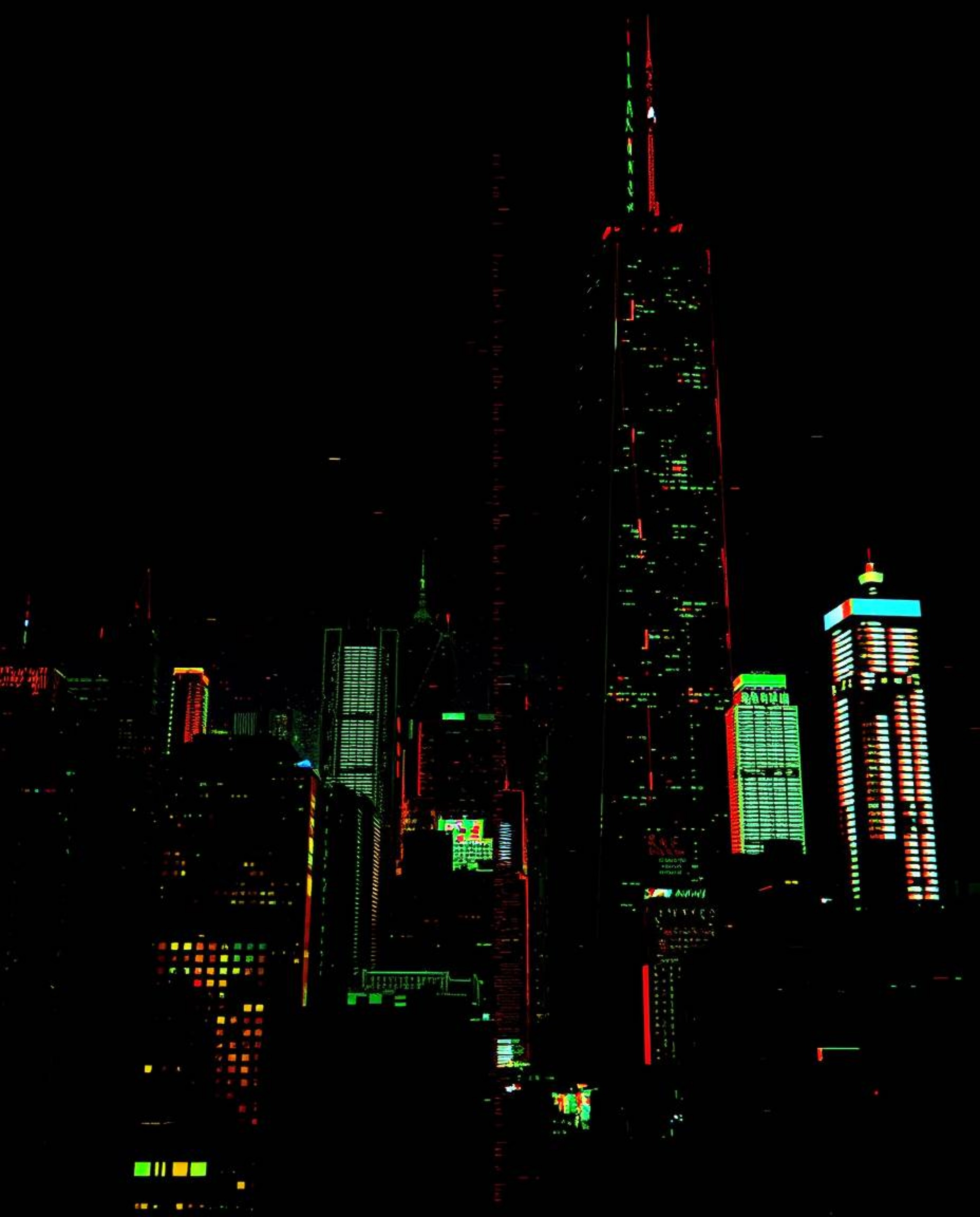 A glitchy digital landscape featuring distorted skyscrapers and static noise is brought to life through high contrast and low
