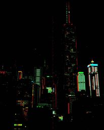 A glitchy digital landscape featuring distorted skyscrapers and static noise is brought to life through high contrast and low