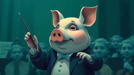 A sophisticated pig character, rendered in rich teal tones, gracefully conducts an orchestra.  This image evokes a sense of u