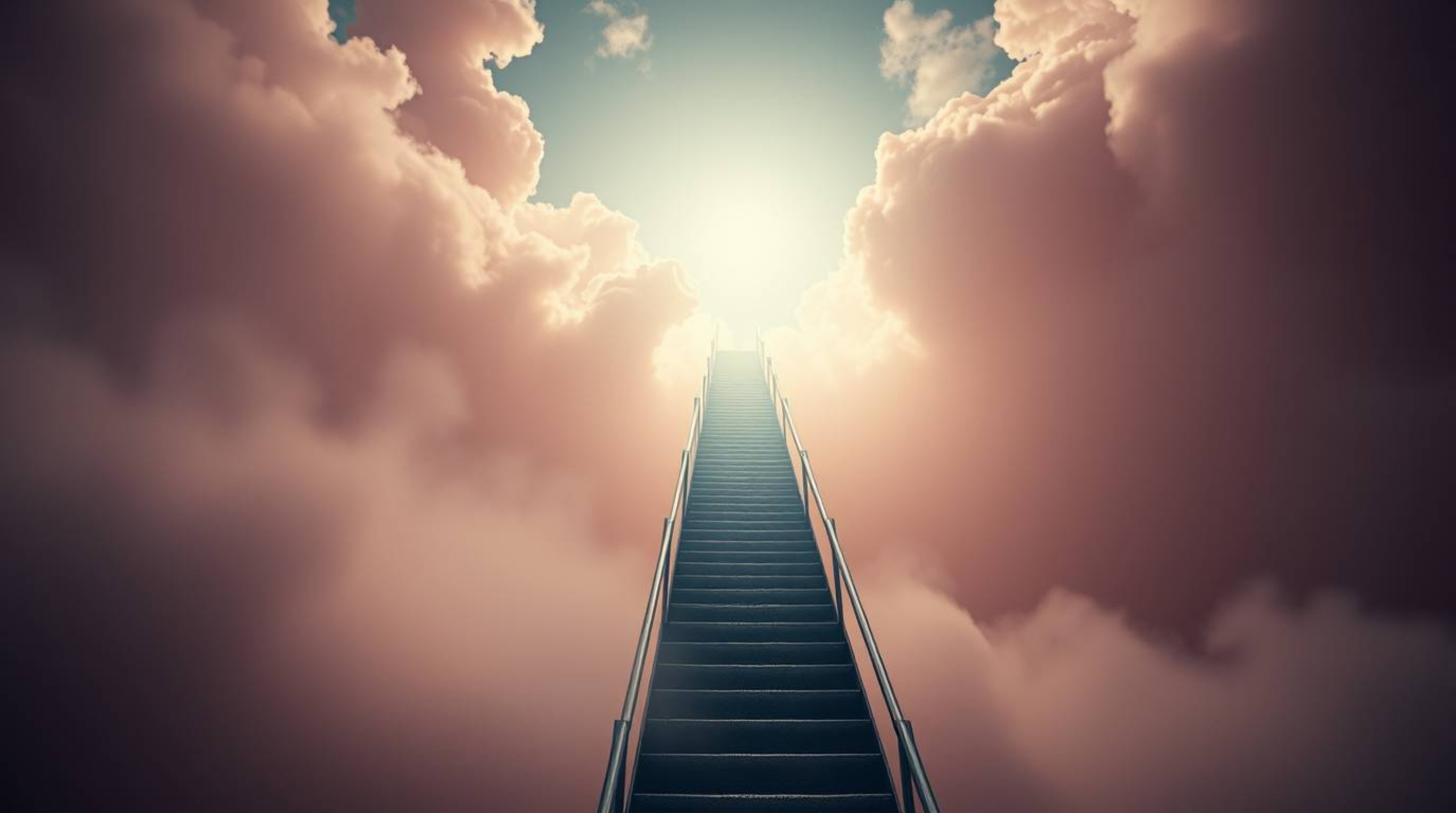 Explore a surreal stairway bathed in infrared tones, suspended dramatically within smoky clouds. This cinematic scene depicts