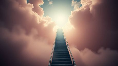 Explore a surreal stairway bathed in infrared tones, suspended dramatically within smoky clouds. This cinematic scene depicts