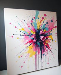 This eerie and creepy abstract painting utilizes a soft pastel color palette to depict a vibrant explosion of colorful paint 
