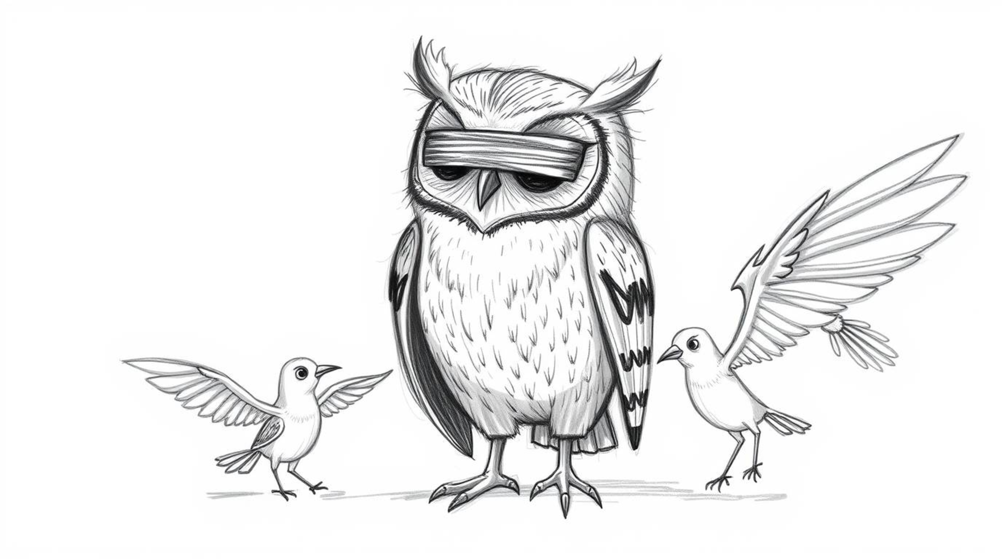 A touching Pixar-style hand-drawn sketch depicts a blind owl with subtly textured feathers, acting as a mentor. The owl guide