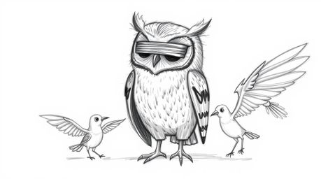 A touching Pixar-style hand-drawn sketch depicts a blind owl with subtly textured feathers, acting as a mentor. The owl guide