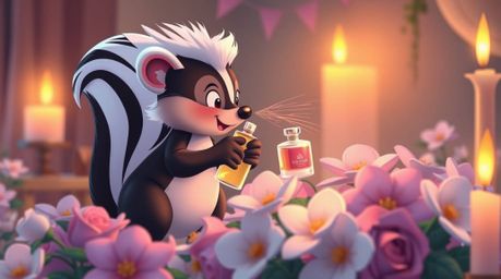 A whimsical scene featuring a cartoon skunk delicately spraying perfume onto flowers, rendered in soft pastel hues and illumi