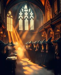 Step into a magical school teeming with young wizards, bathed in the warm and inviting glow of volumetric lighting. Visible l