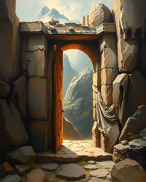 A captivating oil painting depicts an ancient doorway, embedded within a majestic mountain, radiating with glowing runes. The
