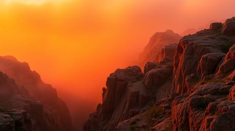 A stunning photograph depicting a rocky canyon bathed in the warm hues of a sunset.  Thick fog adds a mysterious and hazy atm