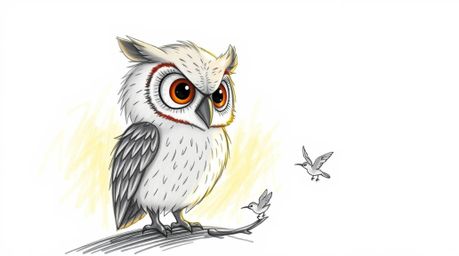 A heartwarming hand-drawn sketch in the style of Pixar, depicting a gentle blind owl with soft feathers and expressive eyes. 