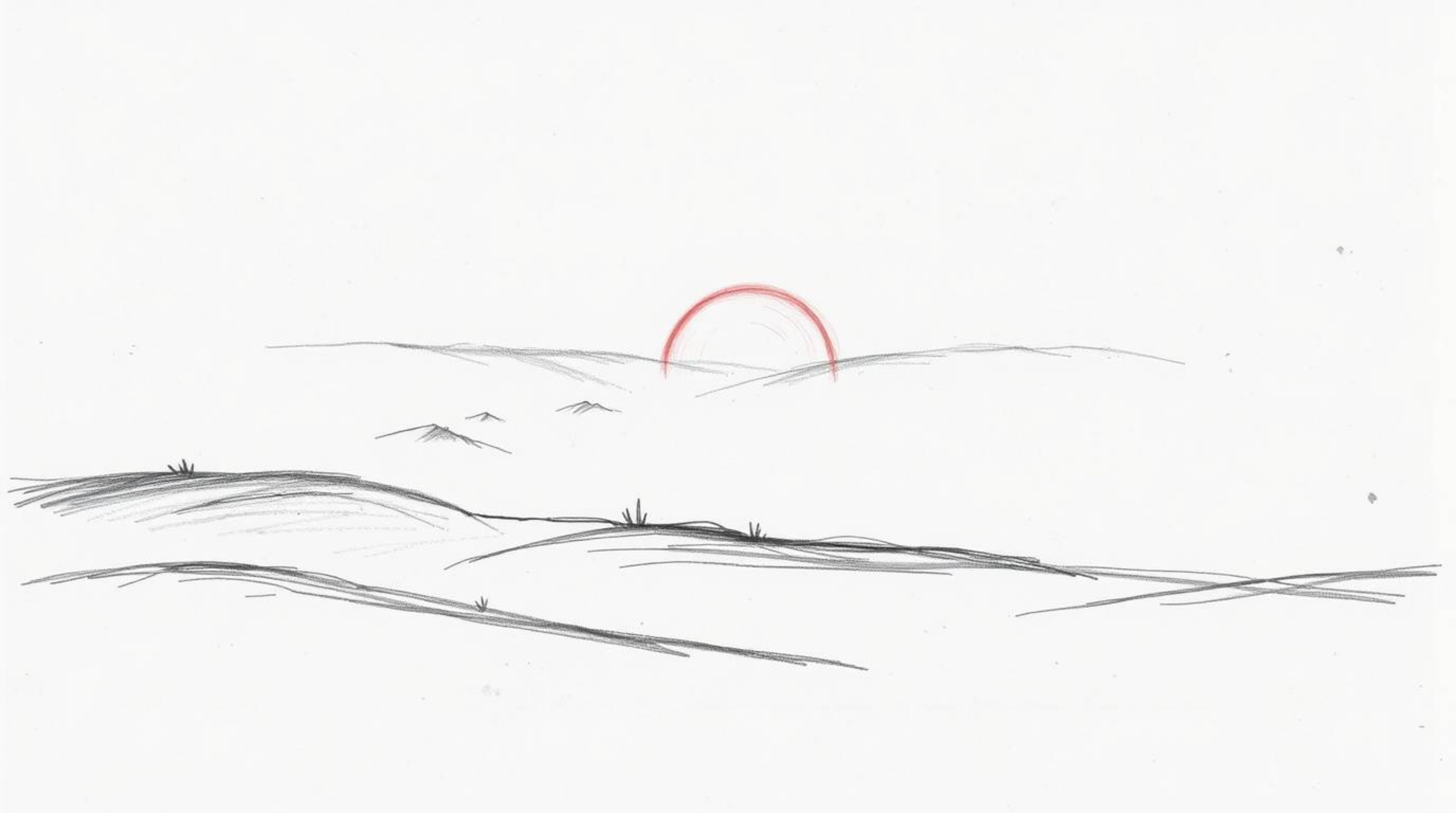 This image features a hand-drawn sketch in a strong, moody style, portraying fog-covered hills bathed in the light of a setti