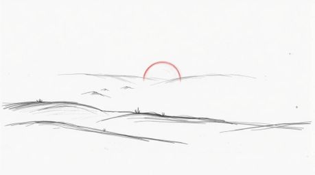 This image features a hand-drawn sketch in a strong, moody style, portraying fog-covered hills bathed in the light of a setti