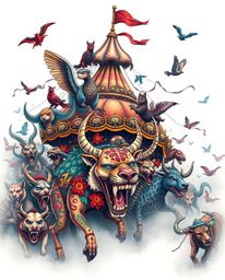 This traditional tattoo art print depicts a vibrant carnival overtaken by wild animals, rendered in retro colors and featurin