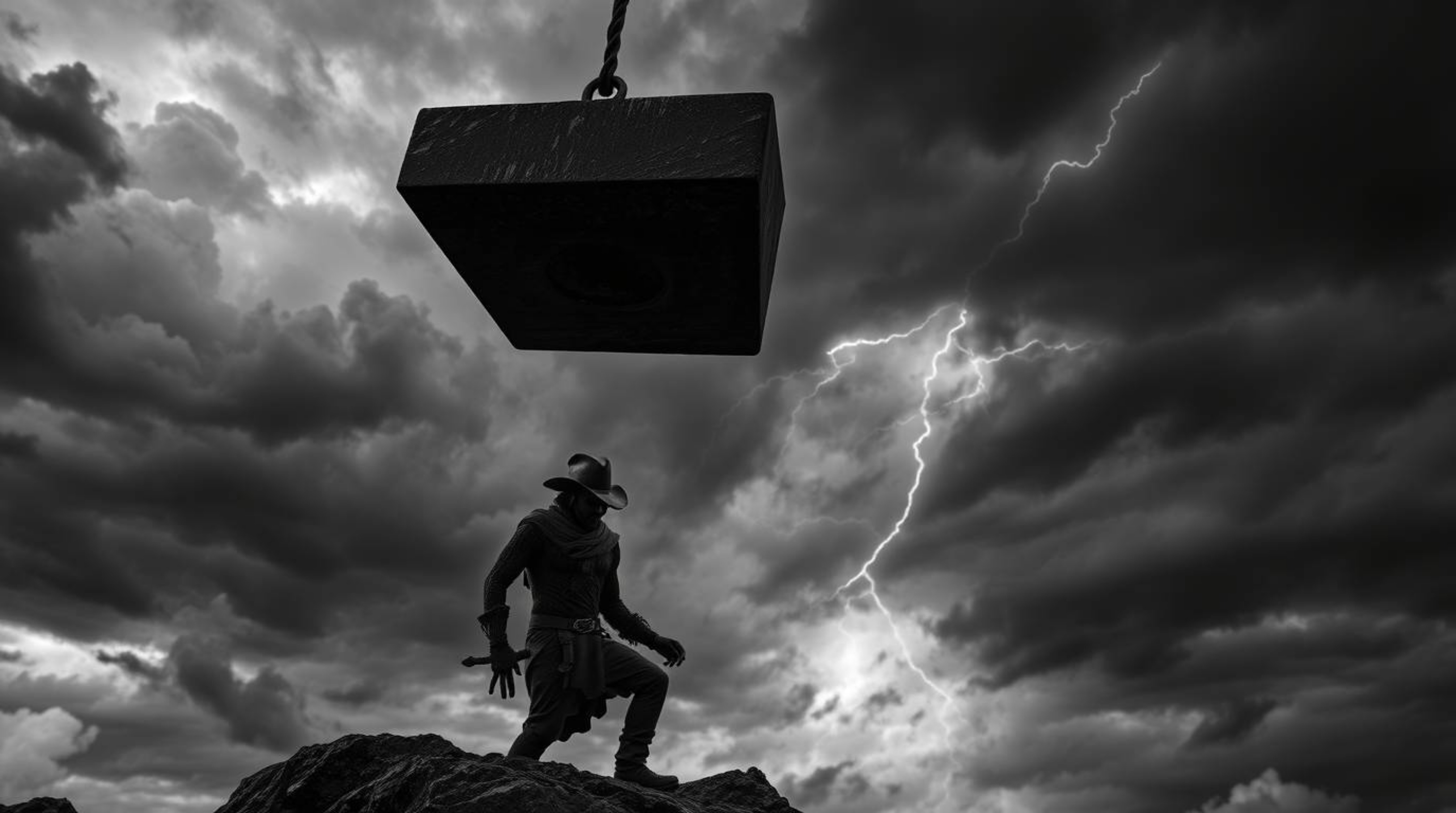 A dramatic black and white photograph capturing the impending doom of an anvil about to drop on a trickster figure against a 