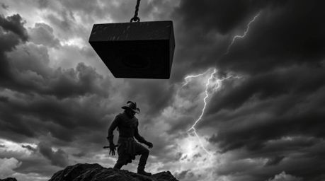 A dramatic black and white photograph capturing the impending doom of an anvil about to drop on a trickster figure against a 