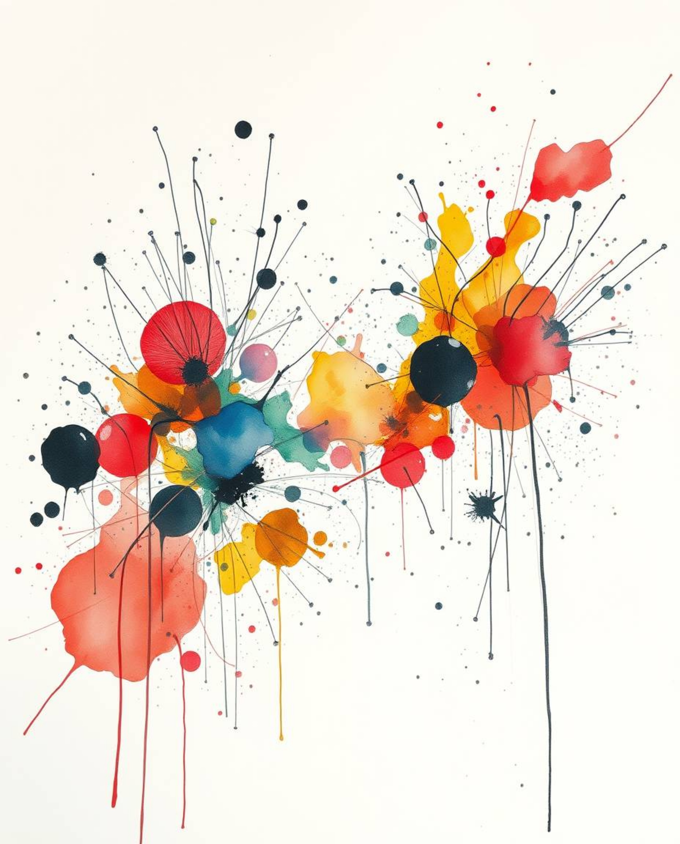 A dramatic cinematic style hand-drawn sketch in classic black and white, punctuated by colorful watercolor splashes. The artw