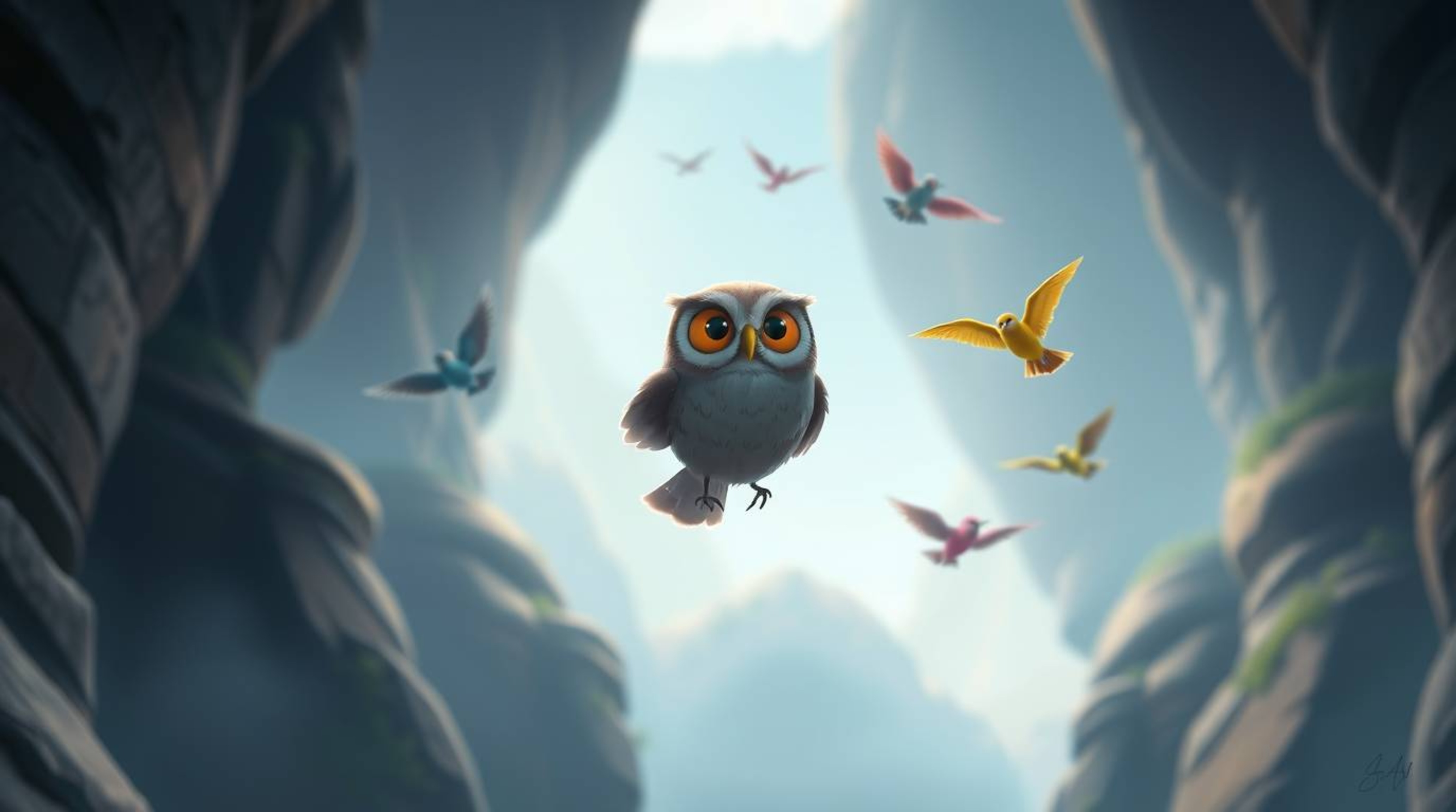 A heartwarming Pixar-style illustration depicts a wise, blind owl serenely guiding a flock of colorful birds through a breath