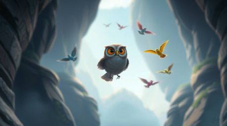 A heartwarming Pixar-style illustration depicts a wise, blind owl serenely guiding a flock of colorful birds through a breath