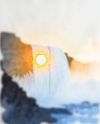 A delicate watercolor painting of a sun setting behind a dramatic waterfall, featuring a blurred bokeh effect with sharp subj
