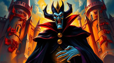 A classic Disney villain is brought to life in an epic oil painting style, set within a majestic castle. The scene captures t