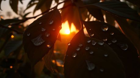 A captivating high-angle photograph captures the warm glow of a sunset reflected in raindrops clinging to vibrant leaves.  Th