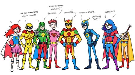 A captivating hand-drawn sketchnote illustrates a quirky team of misfit heroes uniting.  The artwork features a vibrant color
