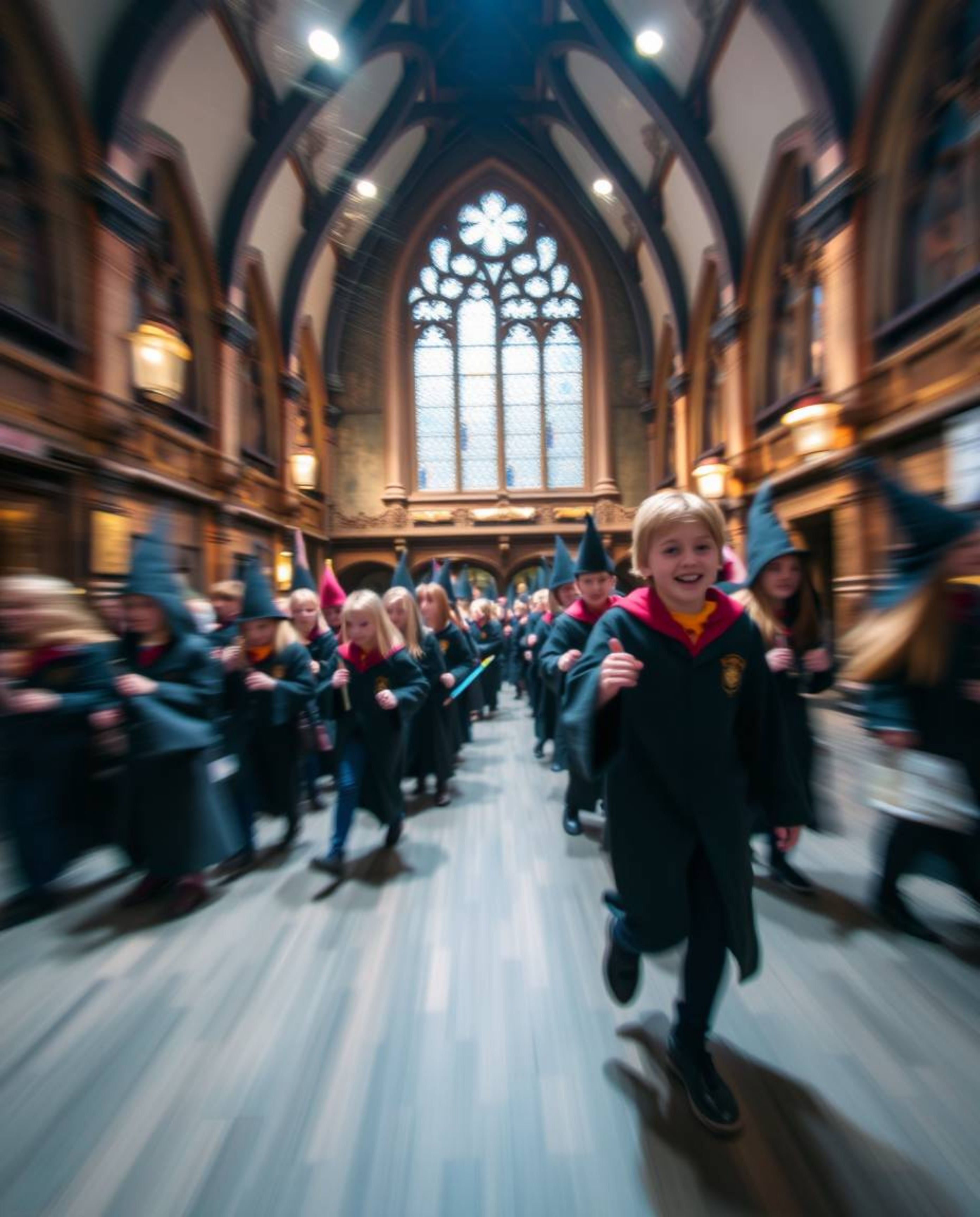 Capture the wonder of a magical school teeming with young wizards in a captivating long exposure photograph. This image emplo