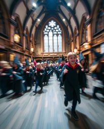 Capture the wonder of a magical school teeming with young wizards in a captivating long exposure photograph. This image emplo
