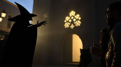 A candid street photograph captures a silhouetted classic Disney villain casting a spell within the walls of an old castle. T