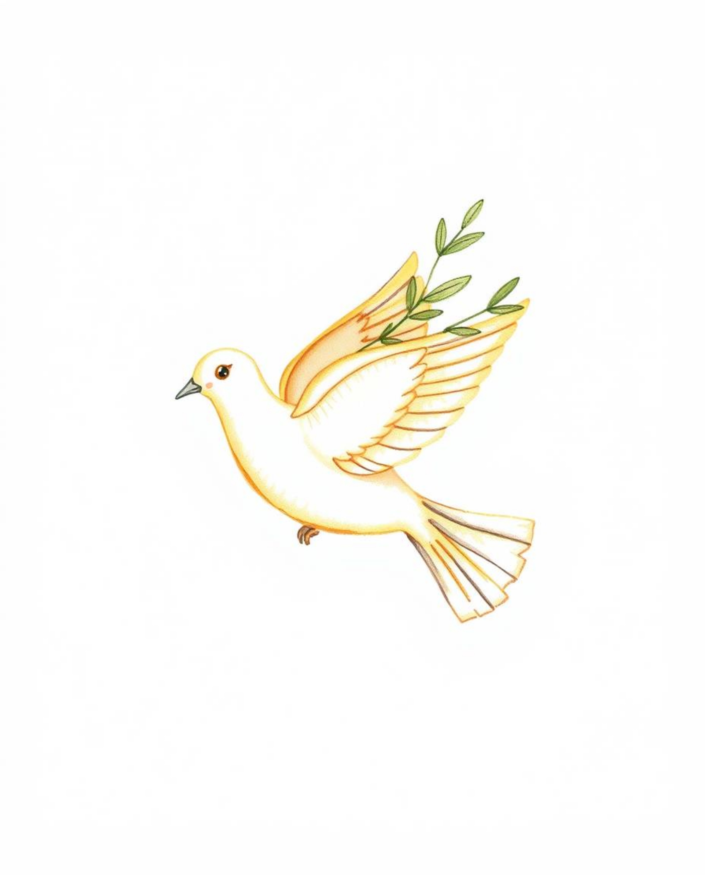 A hand-drawn dove carrying an olive branch, bathed in a warm golden glow and rendered with textured pencil strokes, symbolize