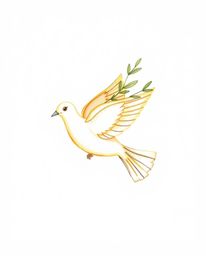 A hand-drawn dove carrying an olive branch, bathed in a warm golden glow and rendered with textured pencil strokes, symbolize