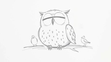 A delightful hand-drawn sketch reminiscent of Pixar, featuring a gentle, blind owl with rounded features resting peacefully a