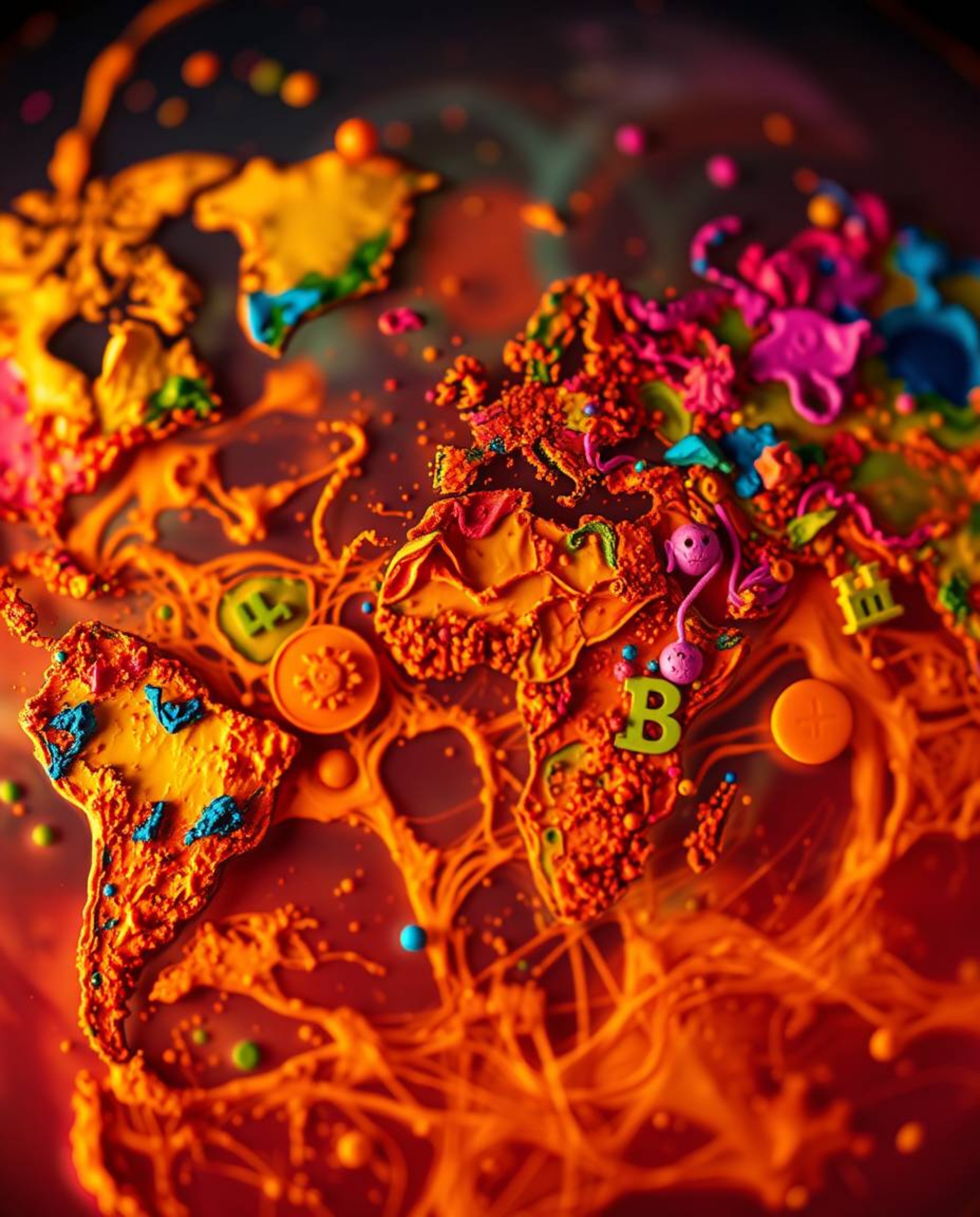 Explore a stunning extreme macro close-up photograph of a world map creatively formed from vibrant, colorful splashes. This f