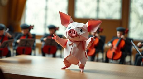 A charming origami pig conductor leads an orchestra in this delightful image.  Featuring a cute and charming style, the scene