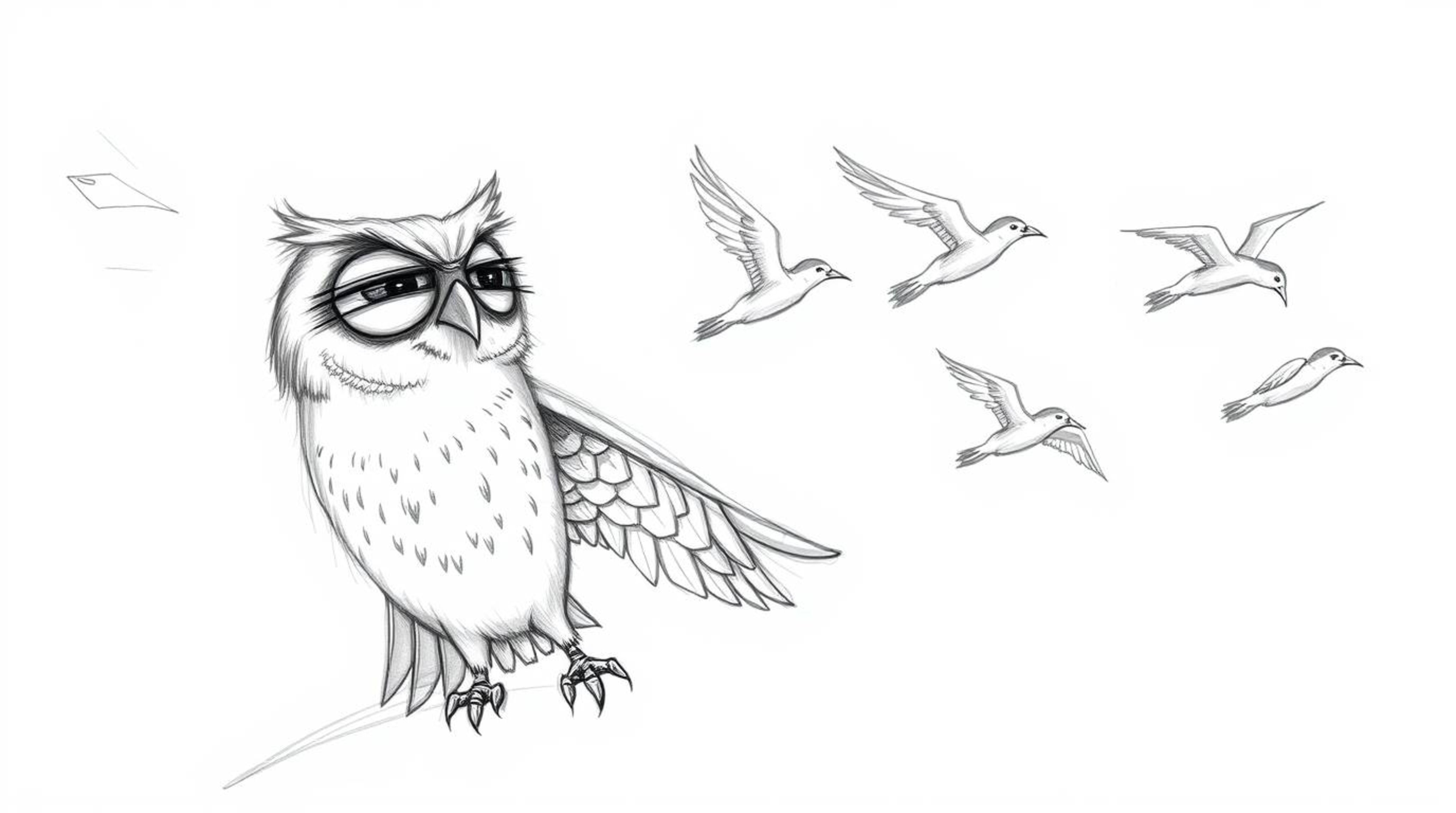 A hand-drawn pencil sketch in the Pixar style depicts a blind owl with expressive features, passionately guiding a synchroniz