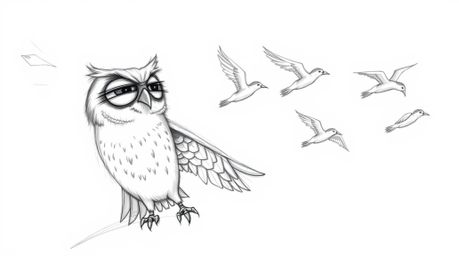 A hand-drawn pencil sketch in the Pixar style depicts a blind owl with expressive features, passionately guiding a synchroniz