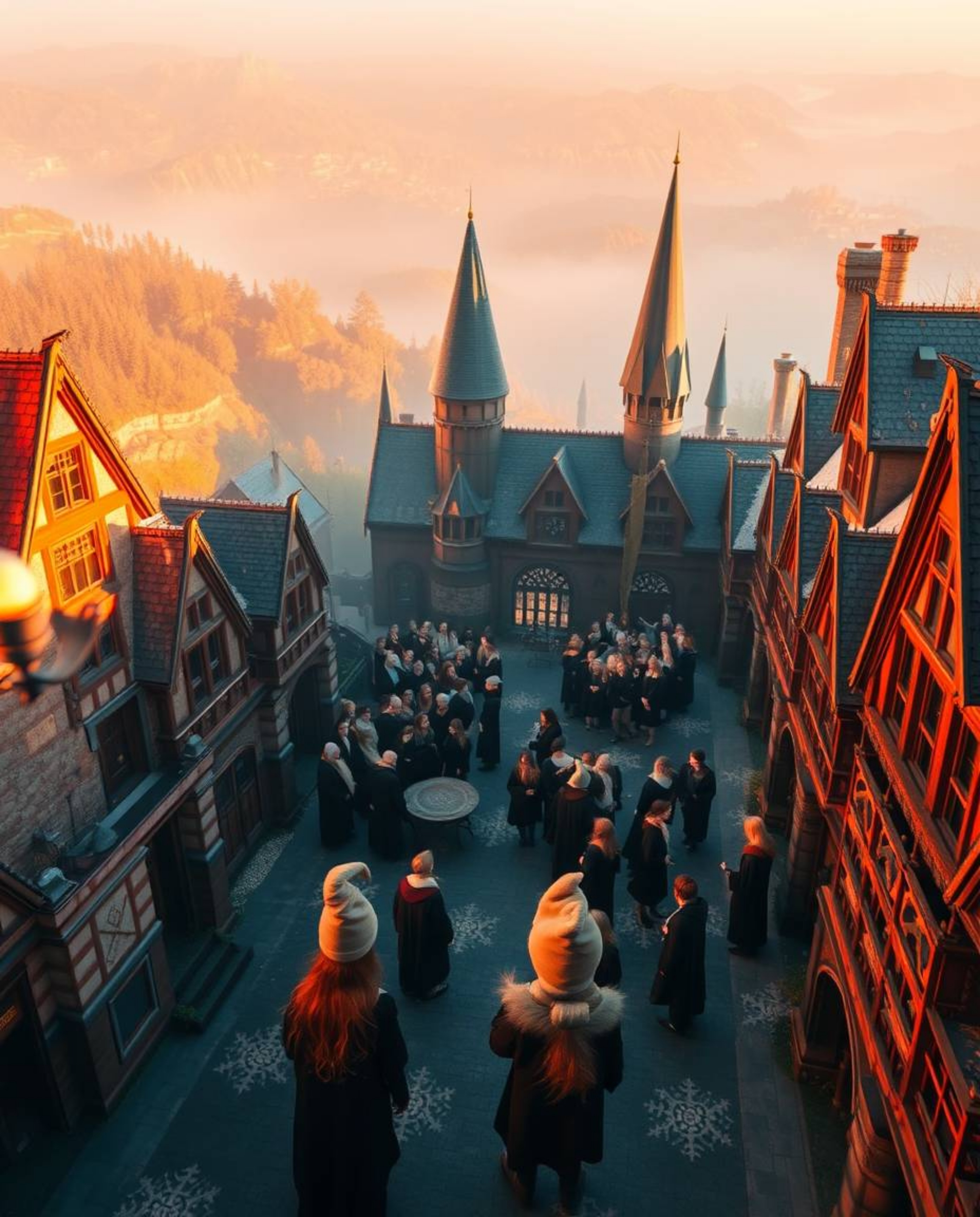 Capture the enchanting essence of a magical school teeming with young wizards, bathed in the warm, golden light of either a r