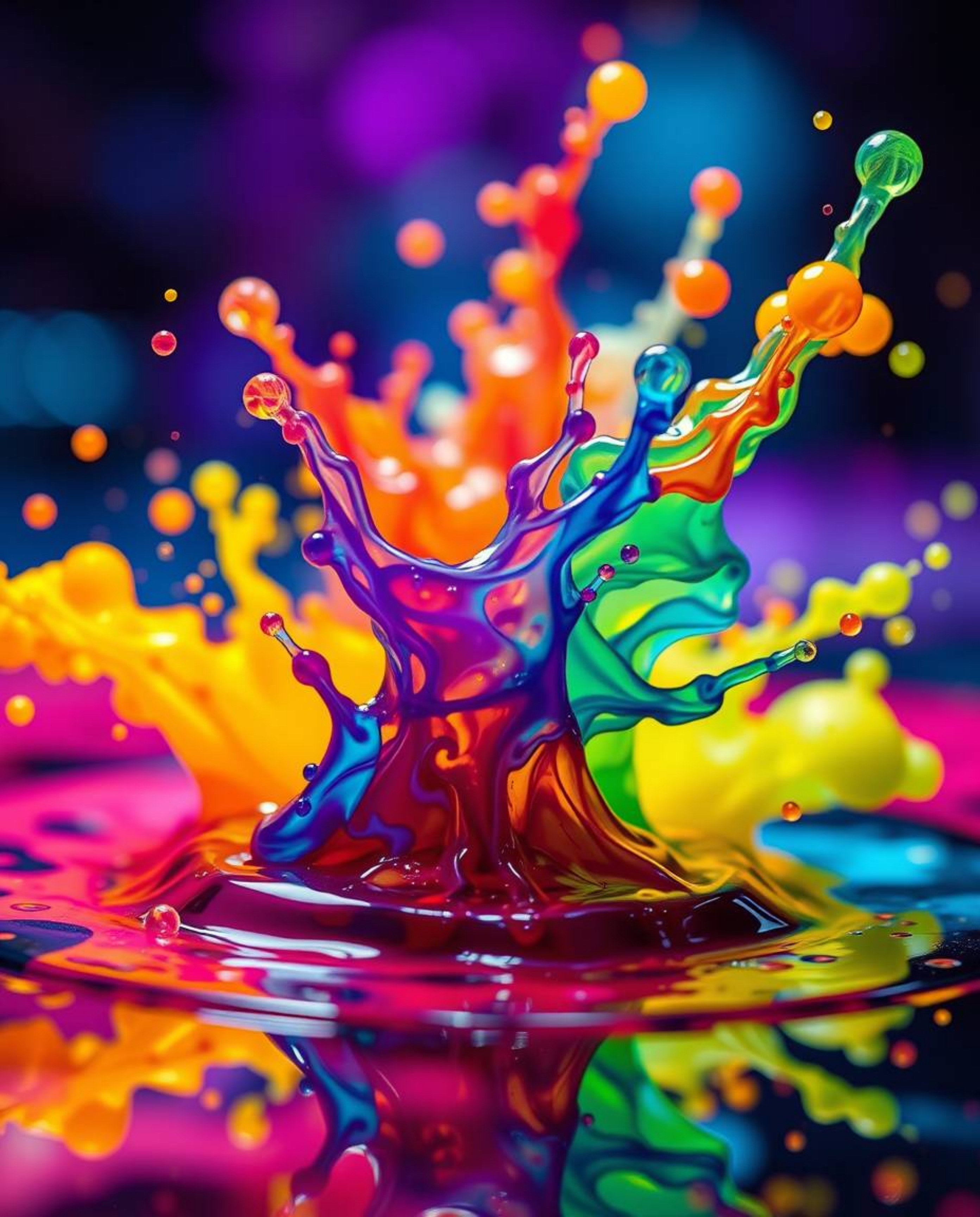 A captivating macro photograph showcasing a futuristic sci-fi aesthetic. Vivid, bright colors and dynamic ink splashes in wat