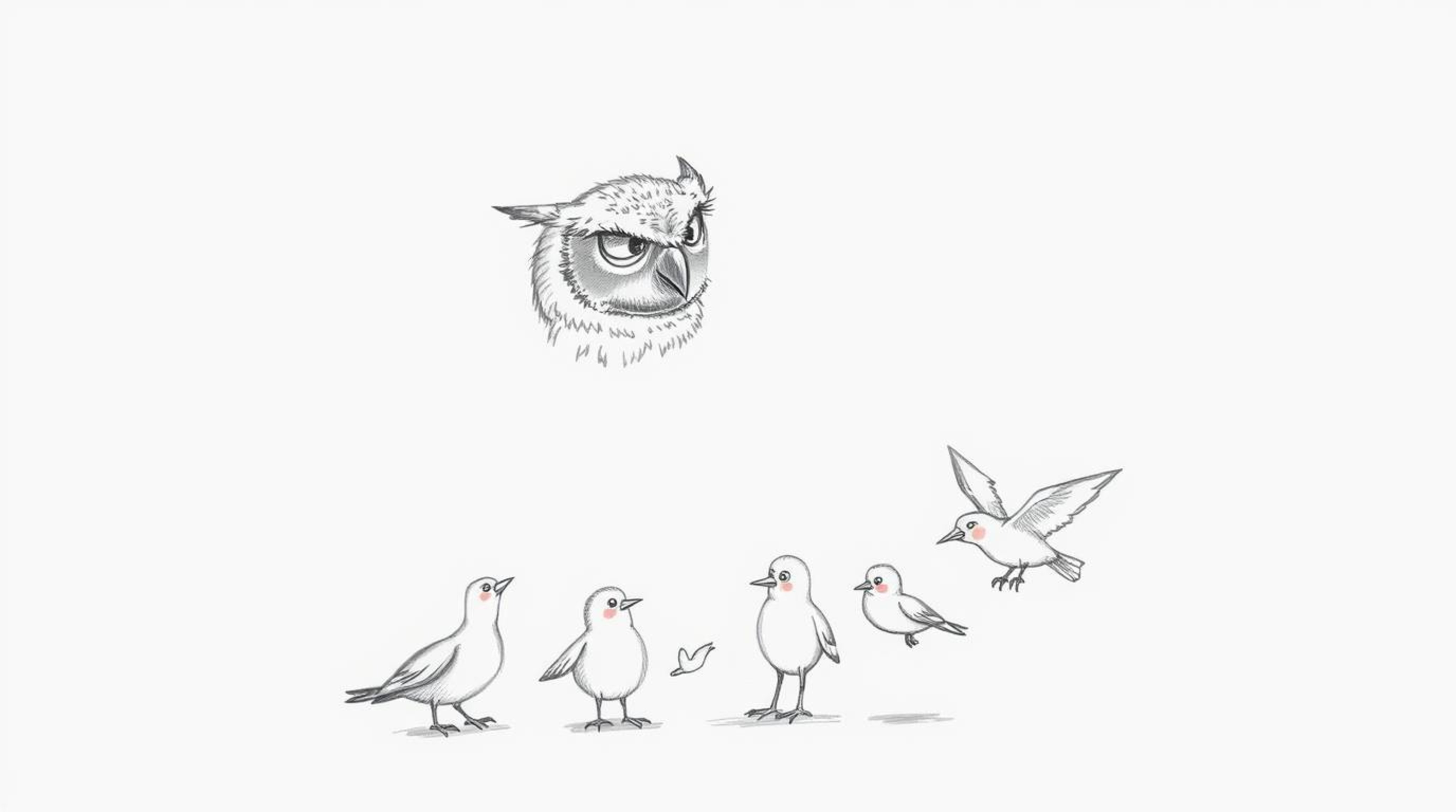 A Pixar-style, hand-drawn sketch depicts a wise, blind owl with meticulously detailed feathers, teaching a group of birds how