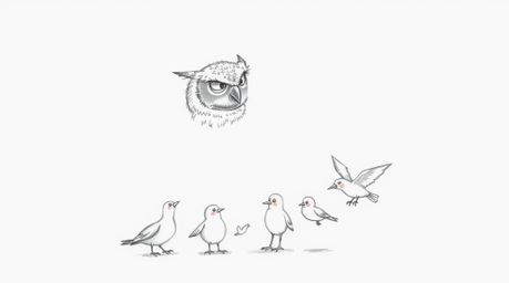 A Pixar-style, hand-drawn sketch depicts a wise, blind owl with meticulously detailed feathers, teaching a group of birds how
