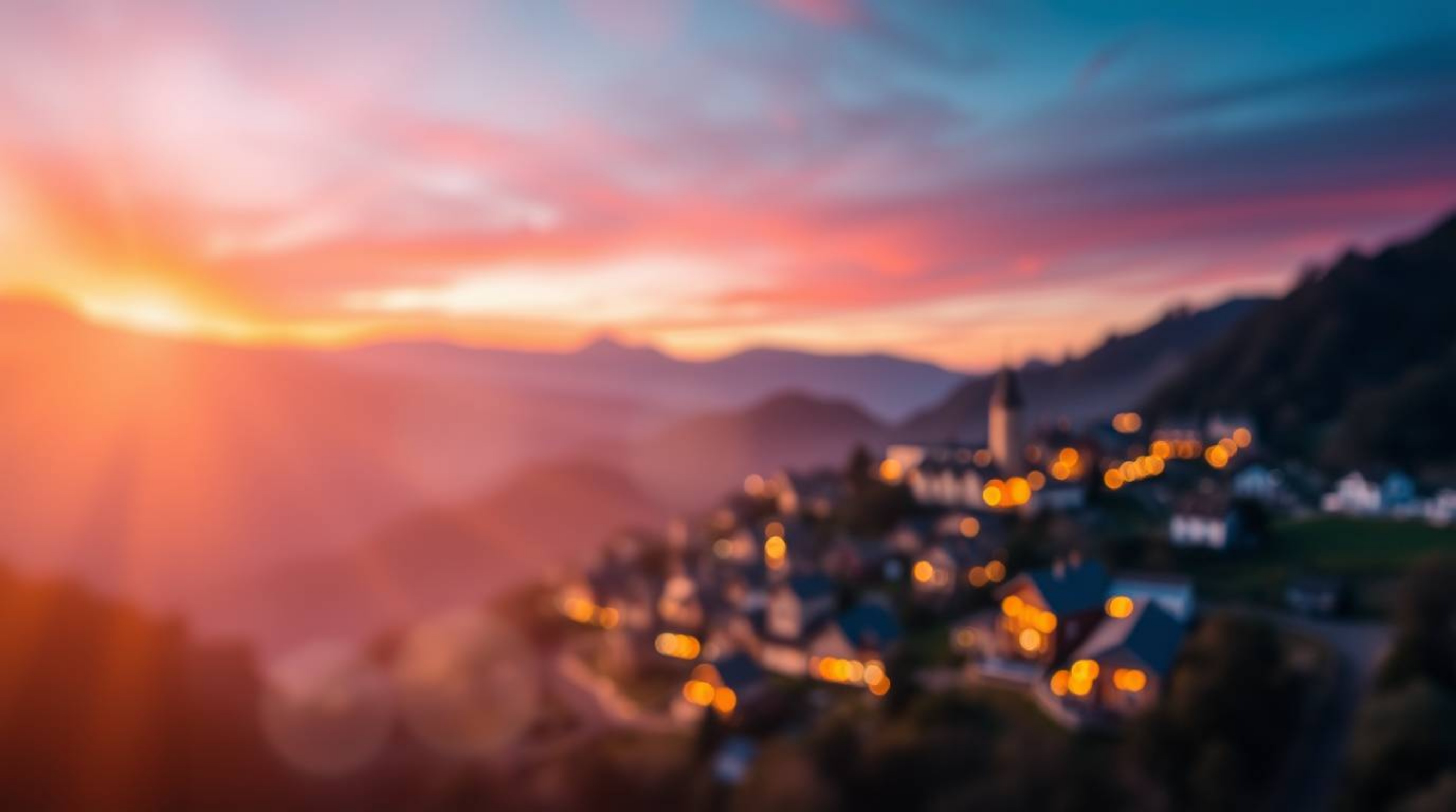 This high-resolution stock photo depicts a cozy village nestled in a valley, bathed in the warm glow of a colorful sunset.  T