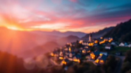This high-resolution stock photo depicts a cozy village nestled in a valley, bathed in the warm glow of a colorful sunset.  T