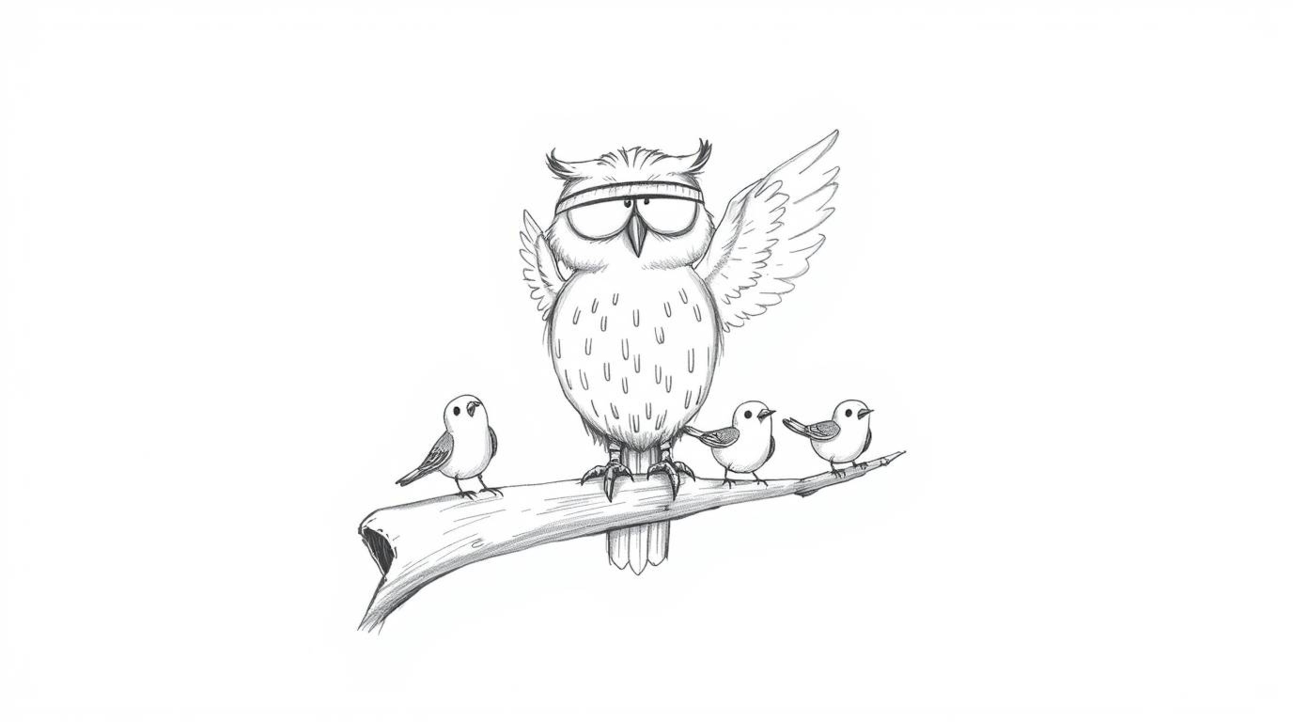 A charming hand-drawn sketch depicts a blind owl in a Pixar-esque style, rhythmically tapping its wings on a hollow branch to