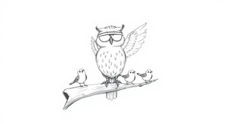 A charming hand-drawn sketch depicts a blind owl in a Pixar-esque style, rhythmically tapping its wings on a hollow branch to