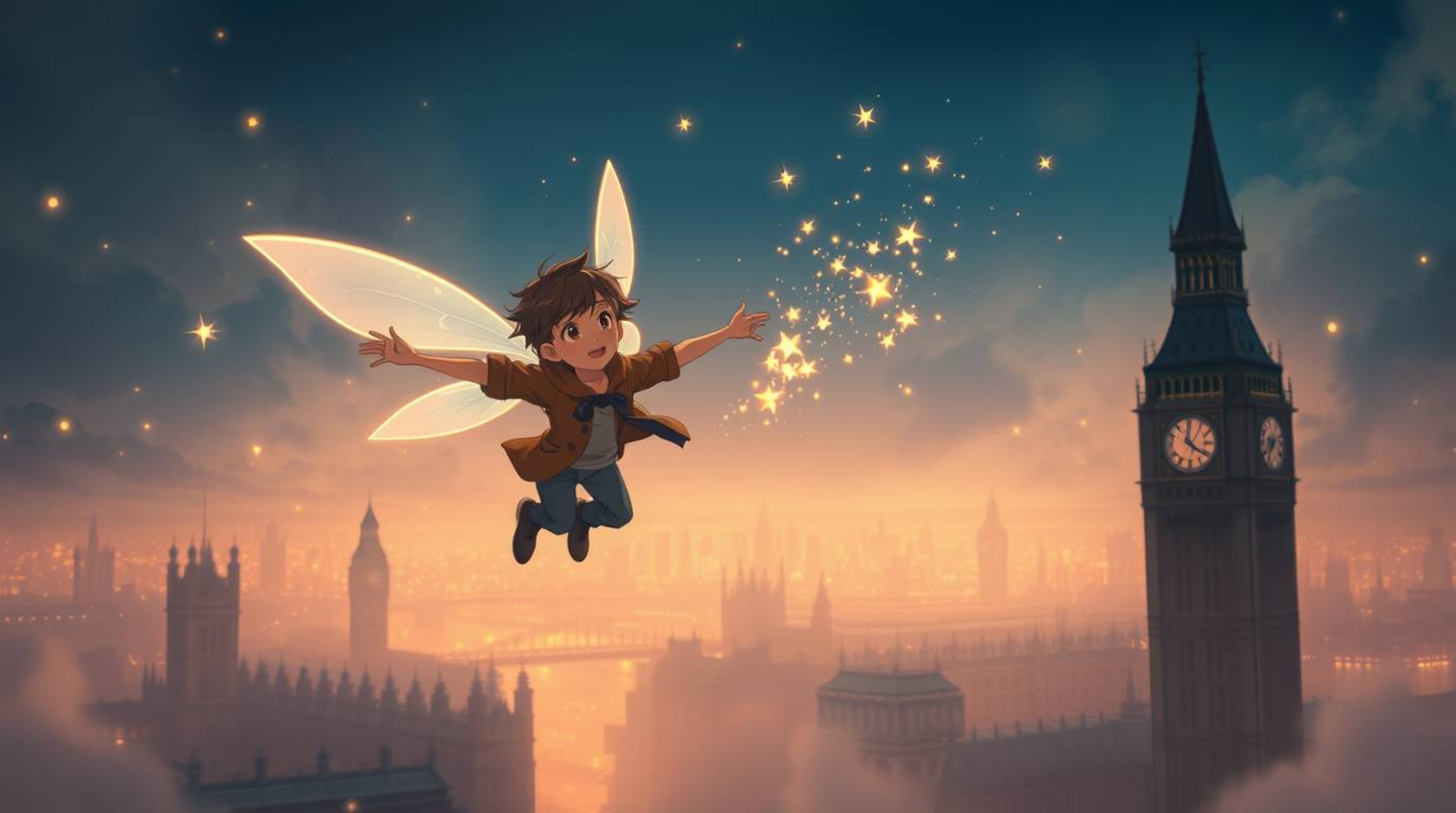 A young boy soars above London, powered by magical pixie dust, presented in a soft and dreamy Isekai anime aesthetic. The sce