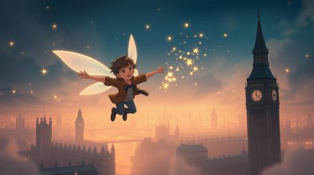 A young boy soars above London, powered by magical pixie dust, presented in a soft and dreamy Isekai anime aesthetic. The sce