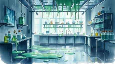 A delicate watercolor painting depicts a slime-covered science lab amidst a rainy downpour. The artwork showcases reflective 