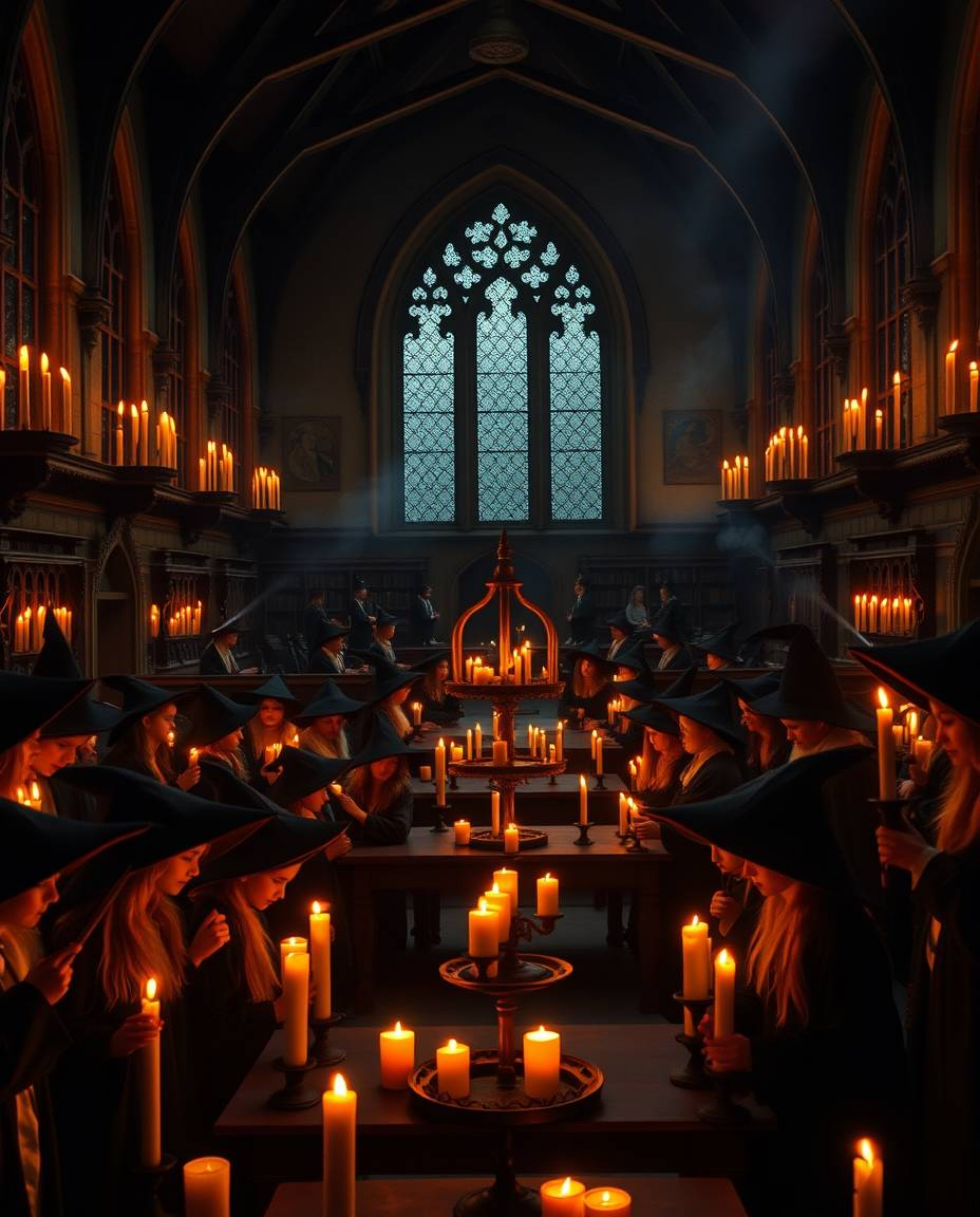 Explore a magical school brimming with young wizards, bathed in the warm glow of candlelight.  This scene features a distinct